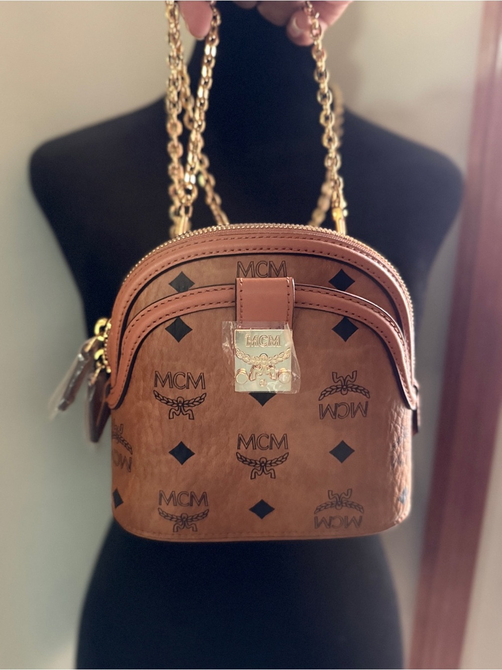 MCM Cognac Visetos Mini Crossbody with Gold Chain Strap